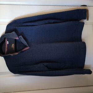Men's orvis sweatshirt size large navy blue with zipper and snap neck enclosure.